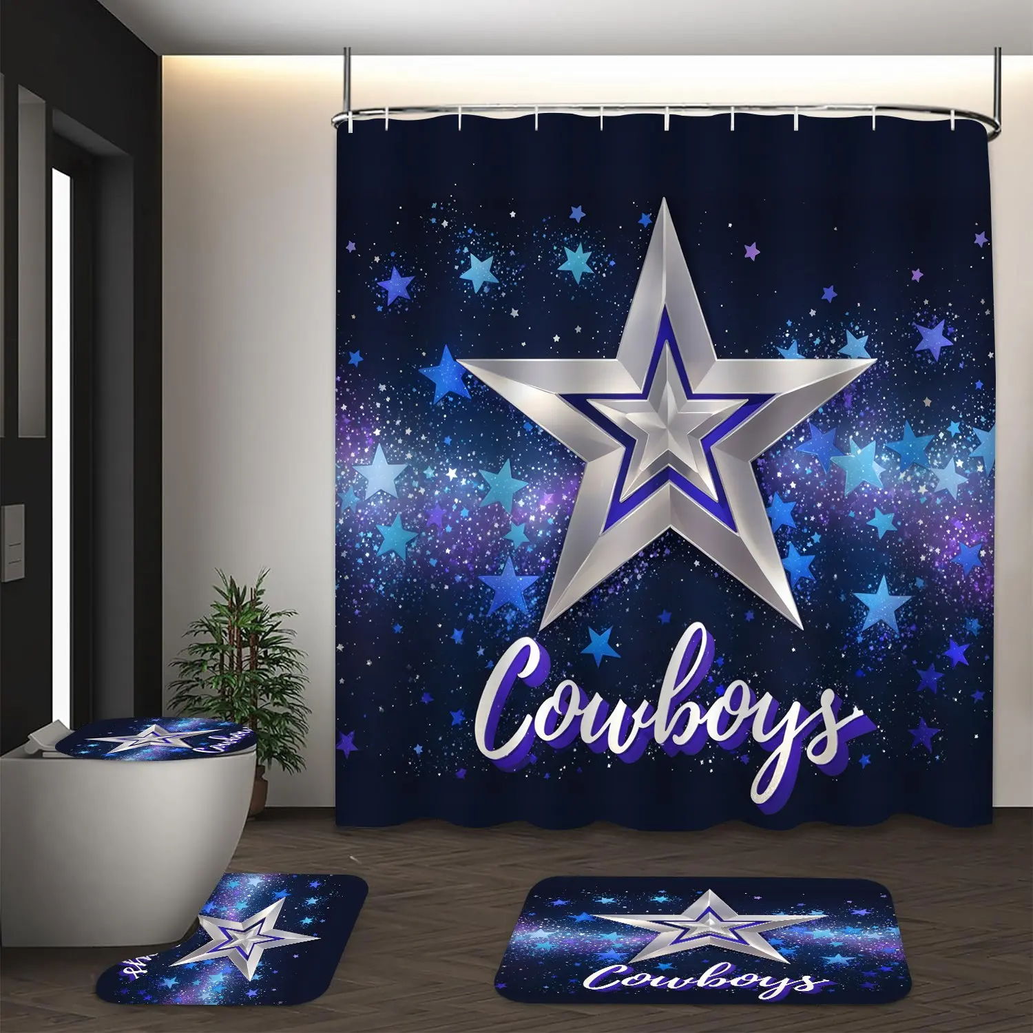 LVRLVR 4Pcs Dallas Cowboys Silver Star Galaxy Print Sports Fan Style Multi-Color Bathroom Shower Curtain Set 70.8×70.8 Inch