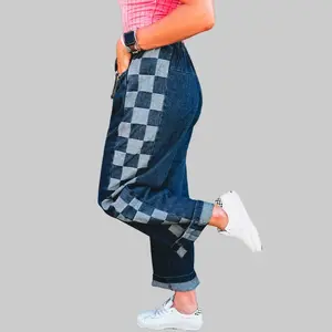 Sail Blue Checkered Side Panel Patchwork Drawstring Loose Denim Pants