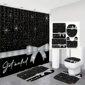 Rhinestone bow pattern bathroom decoration, 4-piece set, Bathroom Decoration Accessories, including shower curtain, toilet U-shaped mat, toilet lid cover, and rectangular floor mat, bathroom decor items