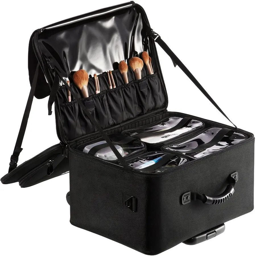 VEVOR Lightweight Rolling Makeup Train Case, 3-Layer Oxford Cloth Organizer, Durable Waterproof Travel-Ready Professional Storage Box with Top Handle Strap, Wheels, 3 Interior Compartments, Black