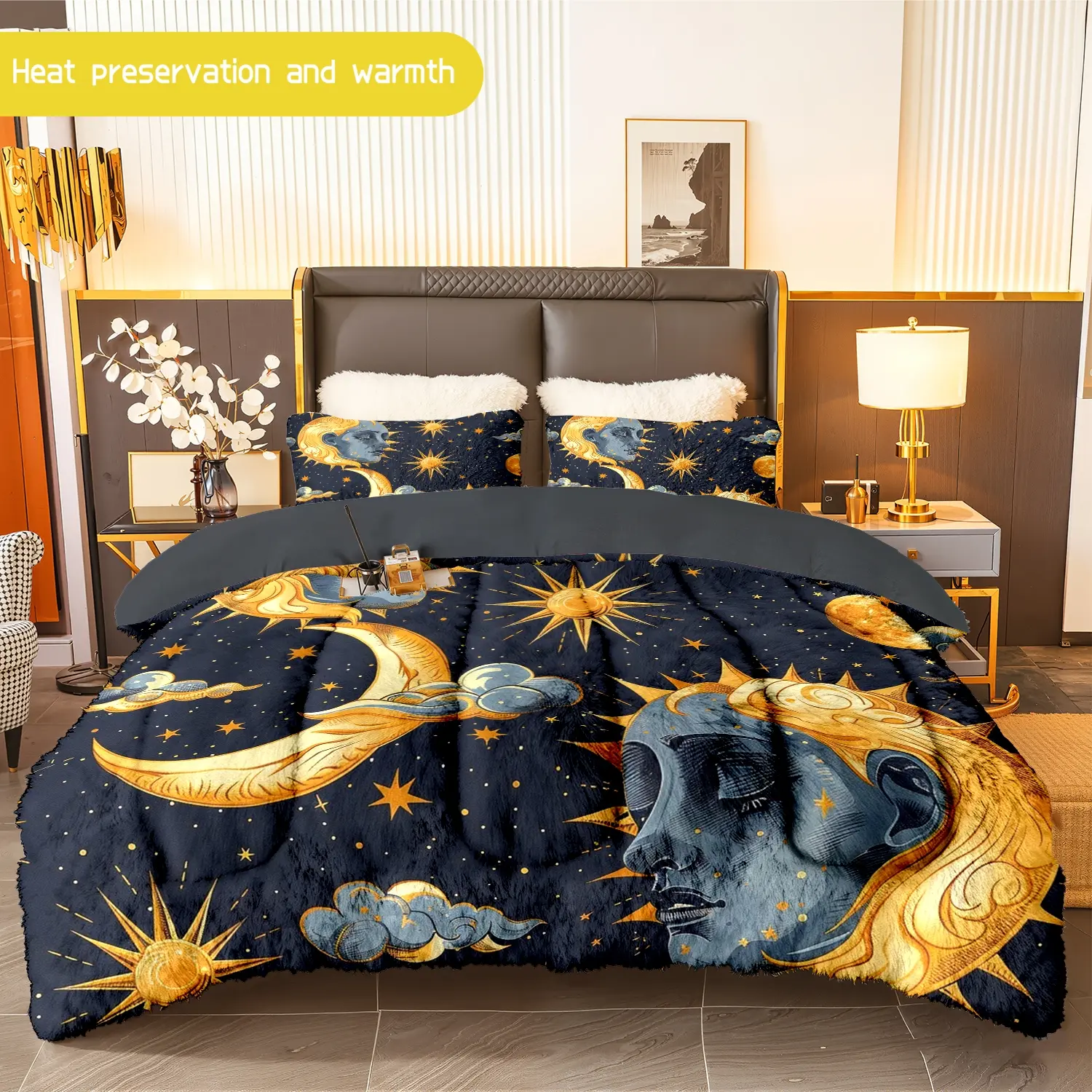 3pcs (1 comforter + 2 pillowcases) Sun and Moon Flannel and Milk Velvet Comforter Set, Soft Warm Bedding Set, Cozy Milk Velvet Quilt Set, Trendy Bedding Essentials