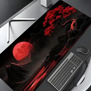 Japanese Dark Landscape Red Moon & Maple Design Large Gaming Mouse Pad, Stylish Desk Protector with Non-Slip Rubber, Multi-Size for Laptop & Desktop Use