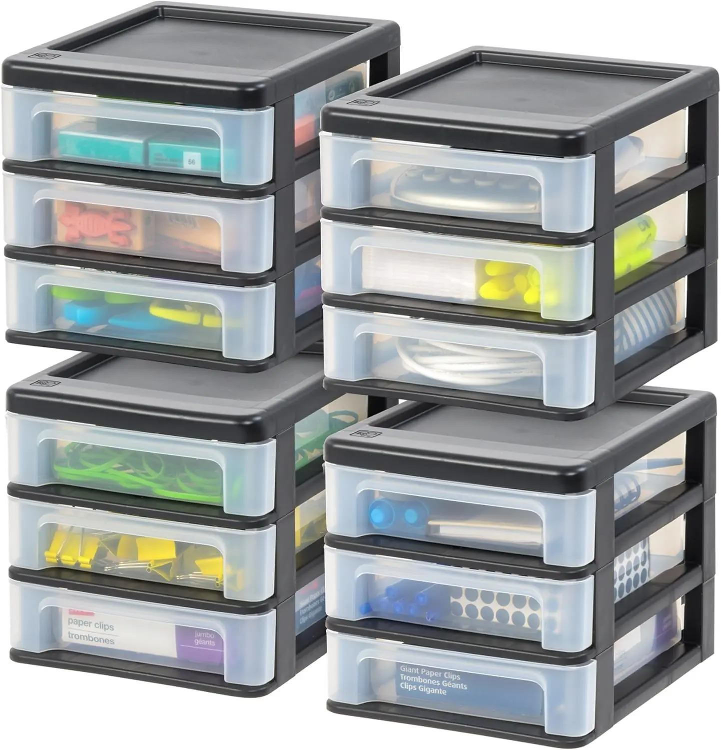 Plastic Stacking Desk Top 3-Drawer Storage Organizer, 4-Pack, for Makeup Vanity Nail Polish Bathroom Stationery Art Craft Supplies Kitchen Office Garage and Small Organization, Small, Black