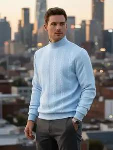 Men's solid color knitted jacquard turtleneck sweater, Pullover, Knitwear, warm, windproof, layerable. Casual, regular slim fit, suitable for autumn winter wear, men's daily outfits