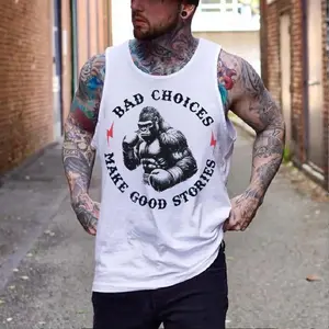 BAD CHOICES MAKE GOOD STORIES Boxing Chimpanzee Black Print Tank Top- Tattoo Street Wear Casual Cotton Shirt, Unisex, Minimalist Style, Trending for Men & Women