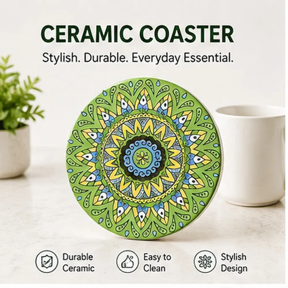 Mandala Ceramic Coasters 6 Pack, 4" Round Boho Cup Mats, Perfect Housewarming Gift for Newlyweds