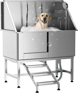 Professional Stainless Steel Dog Grooming Bathtub - Non-Slip Removable Ramp, Faucet, Sprayer & Drain - Right Door Access, Large Pet Bath Station for Home or Salon - Ideal for Small, Medium &