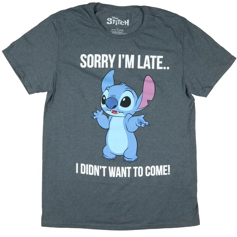 Lilo & Stitch Mens' Sorry I'm Late Graphic Print Adult Short Sleeve T-Shirt