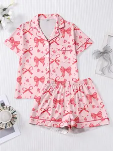 Women's Sleepwear Set with Bow Tie, Cute Butterfly Print Ribbon Pajamas, Comfortable Collared Top and Shorts, Casual Short Sleeve All Seasons Loungewear