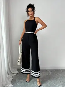 Spring Summer Sweet Cool Strapless Fit Jumpsuit, Waist Cinched Wide Leg Lace Trim, Elegant Retro Style for Commuting & Dates