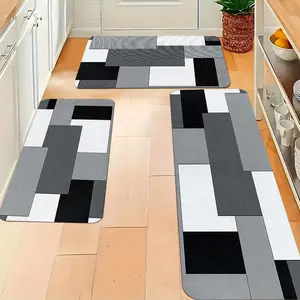 3pcs Kitchen Mat Set, Black White Gray Plaid Design Pattern, Non-Slip, , Machine Washable , Living Room, Dining Room, Bathroom, Entryway