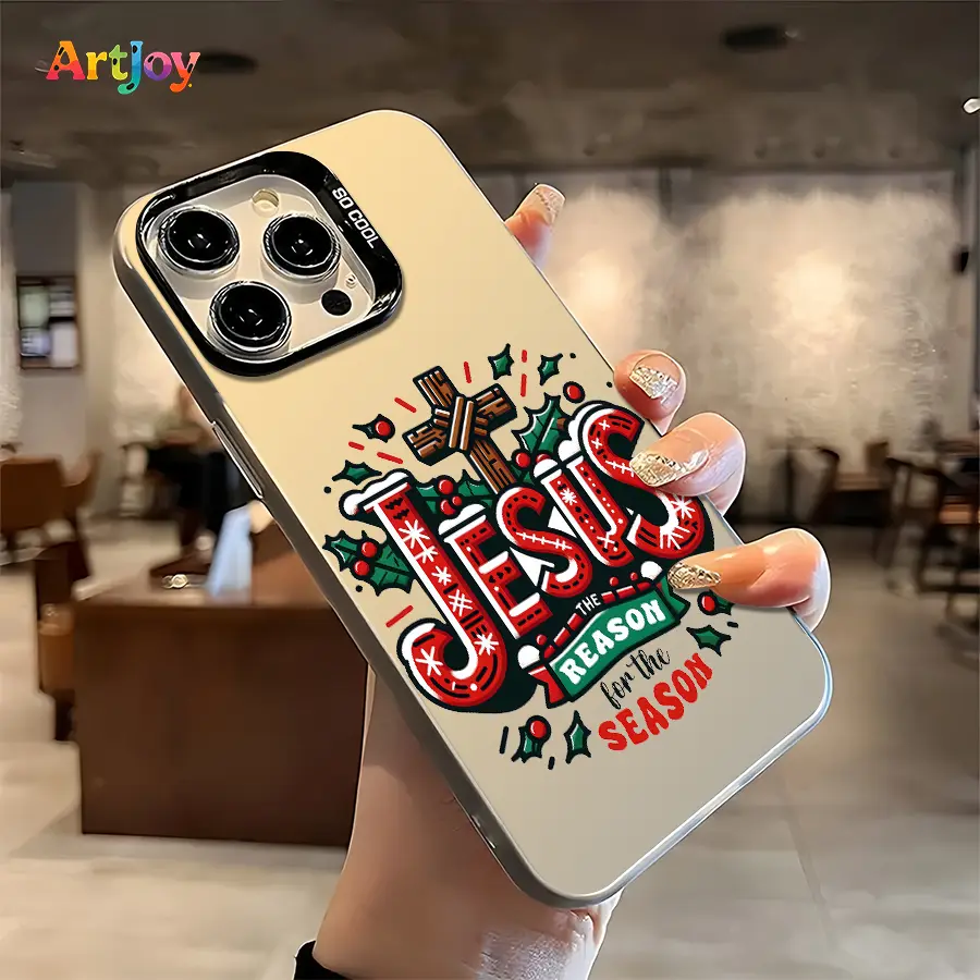 Shockproof Phone Case Shell, Jesus Cross & Holly Letter Print, Fresh Soft Festive Xmas Illustration, Trendy Elegant Versatile Cover with Pink Frame Camera Module, Compatible with iPhone 17 Pro Max,16,16 Plus,15,14,13,12, Holiday Gift