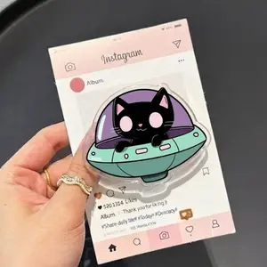 Cute Black Cat in UFO Phone Grip, Kawaii Alien Cat Griptok, Spaceship Kitty Phone Stand, Pastel Space Aesthetic Accessory, Adorable Cat Pilot Gift
