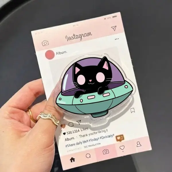 Cute Black Cat in UFO Phone Grip, Kawaii Alien Cat Griptok, Spaceship Kitty Phone Stand, Pastel Space Aesthetic Accessory, Adorable Cat Pilot Gift
