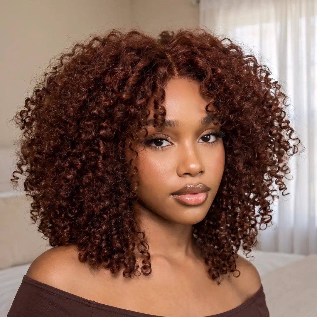 UNice 250% Density Afro Kinky Curly Wig with Finger Coil Ends Reddish Brown Glueless 7x5/13x4 HD Lace Frontal Human Hairs Wig with 16 Inch Beginners Friendly Summerwig