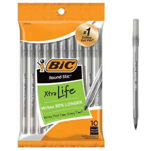 BIC Round Stic Xtra Life Ballpoint Pen (1.0mm, Black) – Perfect for School, Office, & Everyday Use Medium Point 10-Count Pack for Long-Lasting Performance