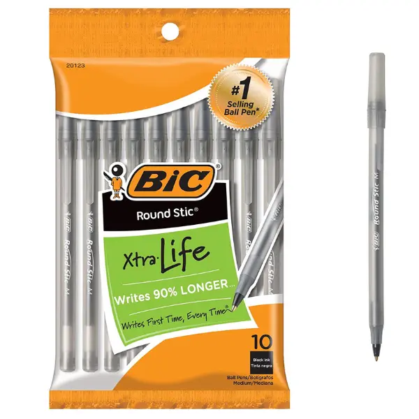 BIC Round Stic Xtra Life Ballpoint Pen (1.0mm, Black) – Perfect for School, Office, & Everyday Use Medium Point 10-Count Pack for Long-Lasting Performance