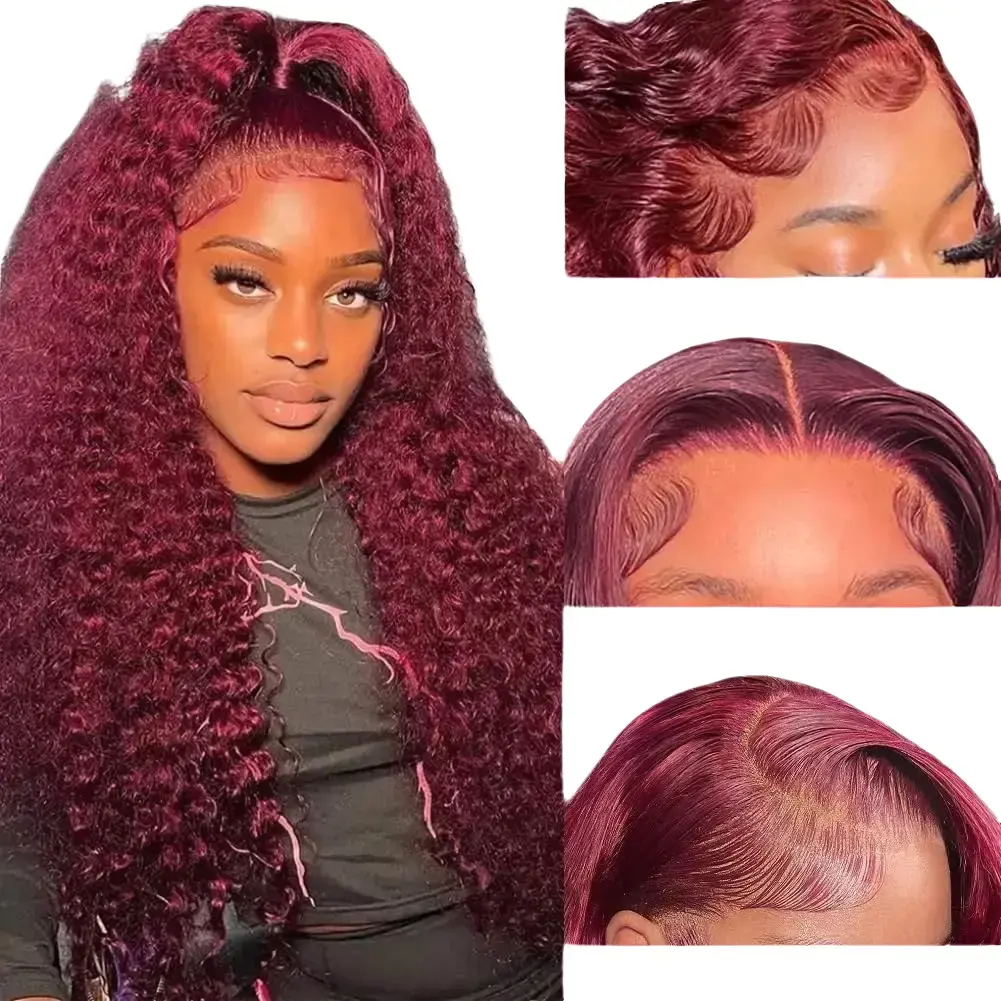 99J Burgundy 13x6 HD Lace Frontal Wig  Colored Curly Human Hair Wigs Red Deep Wave 4x4 Lace Front Closure