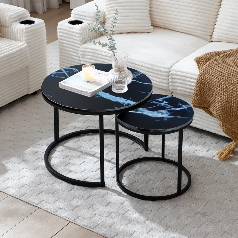 Set 2 Coffee Table Nesting Black top Black Frame Circular Round and Marble Pattern Wooden Tables, Living Room Bedroom Apartment Modern Industrial Simple Nightstand, Black