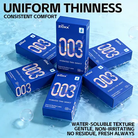 Zioxx 003 Natural Rubber Latex Condoms - 0.045mm Ultra-Fine, Soft, Skin-Friendly, Odorless, Hyaluronic Acid Lubricated, Snug Fit, Non-Slip, Secure, Sensitive Skin Safe, Easy to Clean, Prop 65 Safe, Men's Sexual Wellness (10 Pcs Single Box)