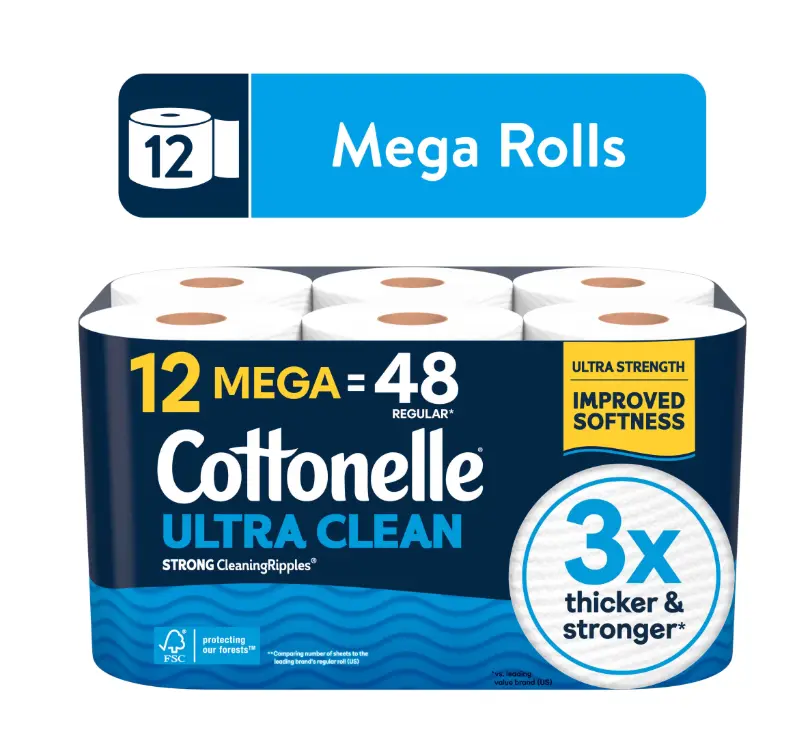 Cottonelle Ultra Clean Toilet Paper, Strong Toilet Tissue, 12 Mega Rolls