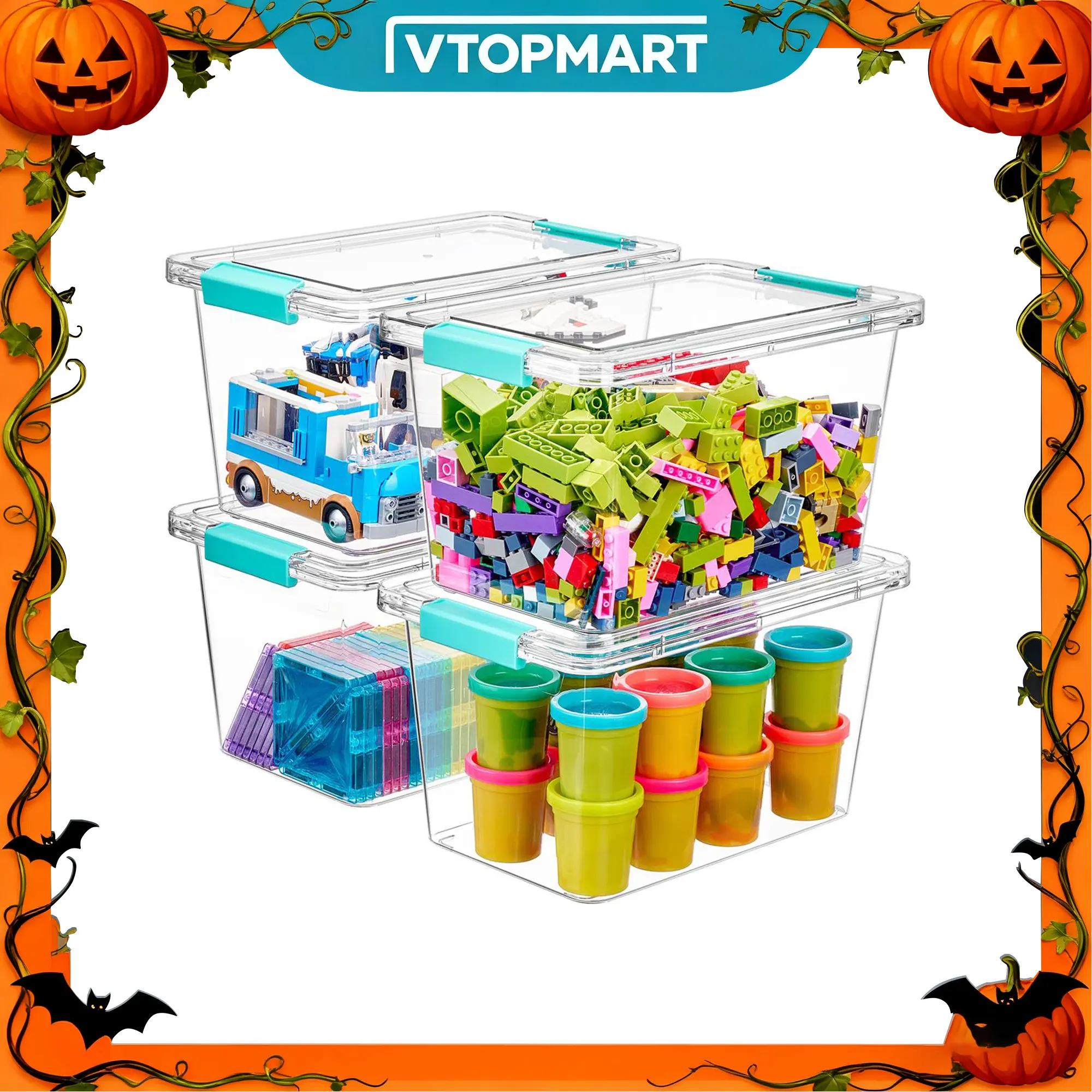 【New Arrival】Vtopmart 4 Pack 3/5/12QT Clear Storage Bins with Lids and Latches, Stackable Plastic Storage Box for Homeschool, Classroom, Office, Craft Room for Art & Craft Supplies, Stationery, Toys, Knitting Supplies,Halloween Christmas Gift Storage