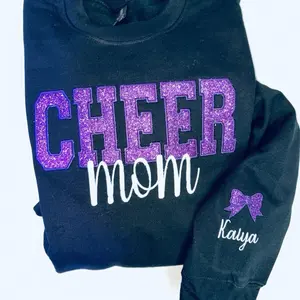 Cheer Mom Black Sweatshirt with Purple Glitter "CHEER" and Personalized Name Bow Detail
