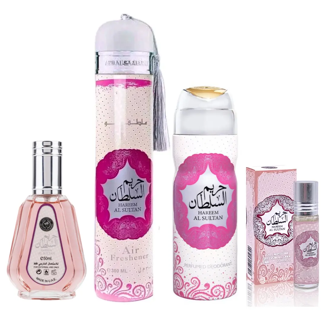 Ard Al Zaafaran Hareem Al Sultan 4-Piece Women's Fragrance Gift Set - 50ML Scented Vanilla Sandalwood Bottle, Room Air Freshener, Deodorant, Roll-On Oil, Perfumes For Women