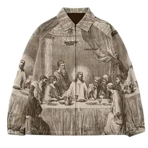 Men's Casual Zip-Up Collared Jacket - Vintage Artwork Print Retro-Style Daily Outerwear