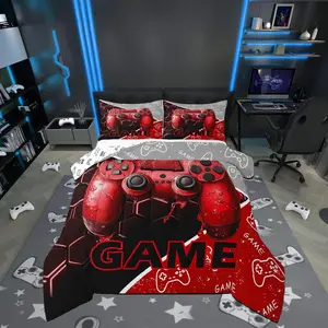 Game Consoles Comforter Set,3D Gamepad Gaming Sports Gamer Gifts Reversible Bedding Sets Bedroom Decor,Red Neon Hexagon Patchwork Quilted Duvet