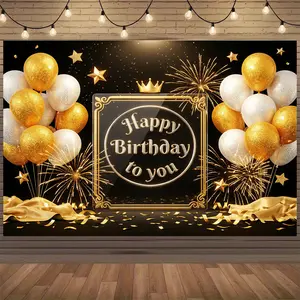 Large Glitter Fireworks Fabric Photo Backdrop, Happy Birthday Wall Decor for Party Photoshoot