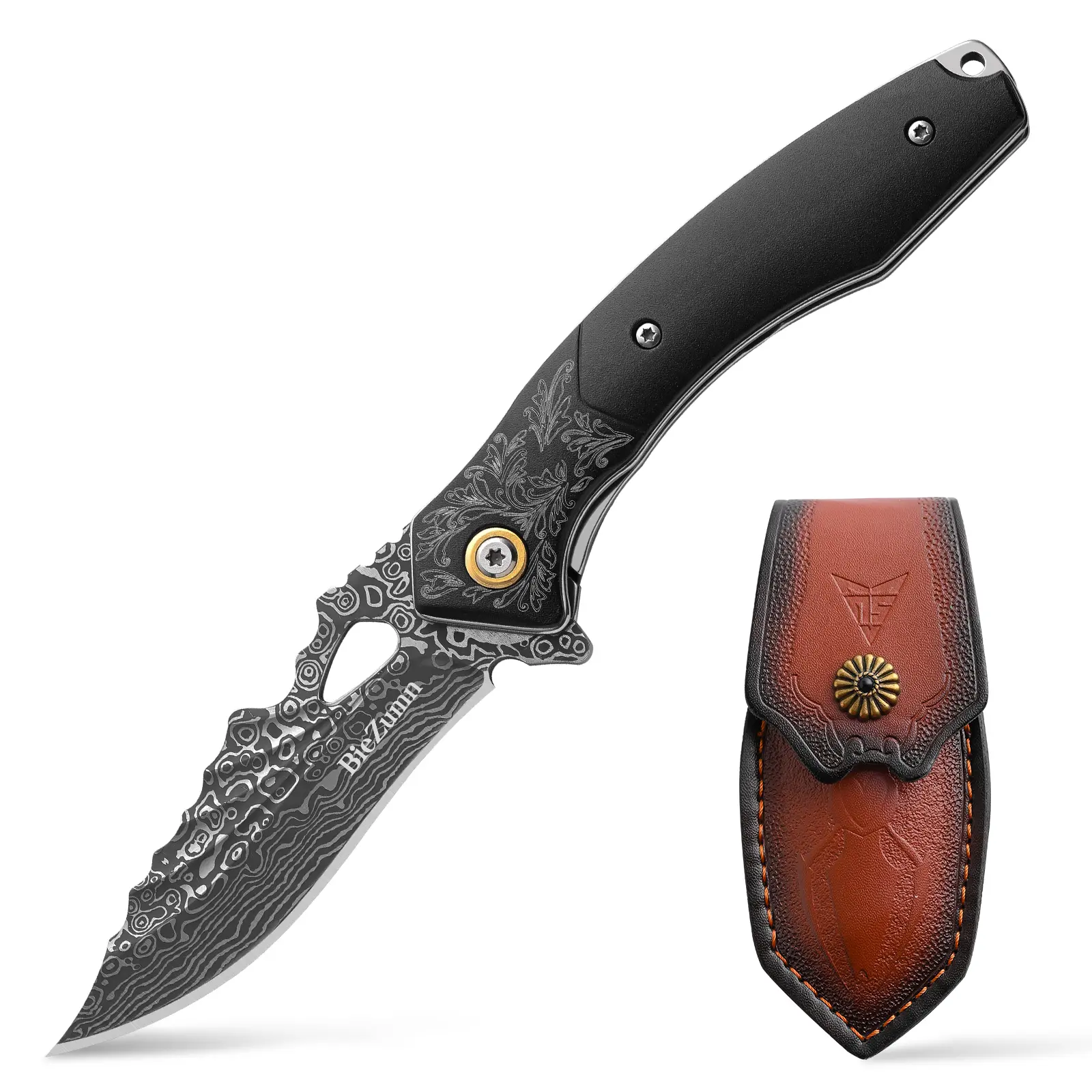 BieZumn Handcrafted Damascus Steel Folding Chef Knife - Ergonomic Handle, Leather Sheath, Durable Steel, Portable, Folding Tool Knives, Premium Cooking Gifting Tool