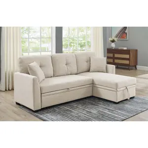 76.5" Linen Blend L-Shaped Sectional Sofa Bed, Reversible Chaise with Storage, 3-Seater Pull-Out Sleeper Couch for Small Living Room