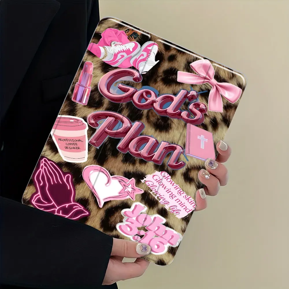 Retro Leopard Print God's Plan Sticker Collage iPad, Tablet Case, Durable Tablet Casing, Protective Cover Auto Wake/sleep,Anti-Drop Scratch-Resistant,Transparent Acrylic Back,Fits iPad 7.9/10.2/10.9/11/12.9 inch,Shock-resistant Casing