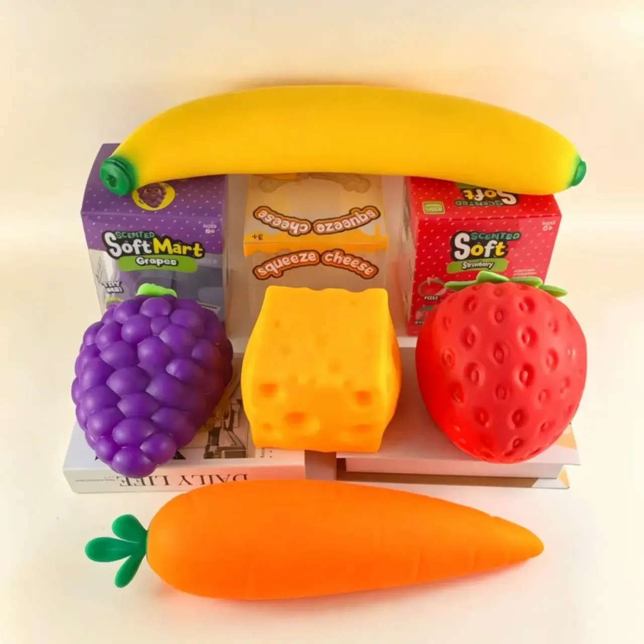 Random Fruit Soft Toys Squishy Giant Grape, Strawberry, Carrot, Eggplant, Squeeze Fidgets, Cute Toys.