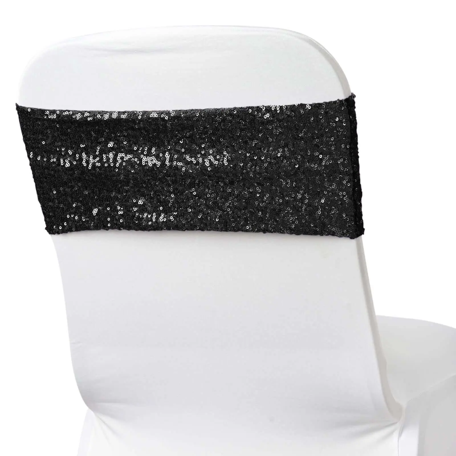 5 Pack Black Spandex Sequin Chair Sashes - 6"x15" Stretch Sparkly Chair Bands, Dry Clean Only, Non-Customised for Party, Wedding Decorations
