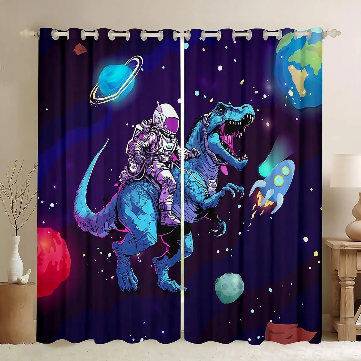 Feelyou Outer Space Themed Window Curtains - Astronaut, Rocket, Galaxy Spaceman, Dinosaur, Universe Planets Design, 38x45 In, 2 Panels, Home Decoration Curtain, Interior Decoration Accessories, Room Decor, Window Decor Supplies, Bedroom Use, Room Decor Cu