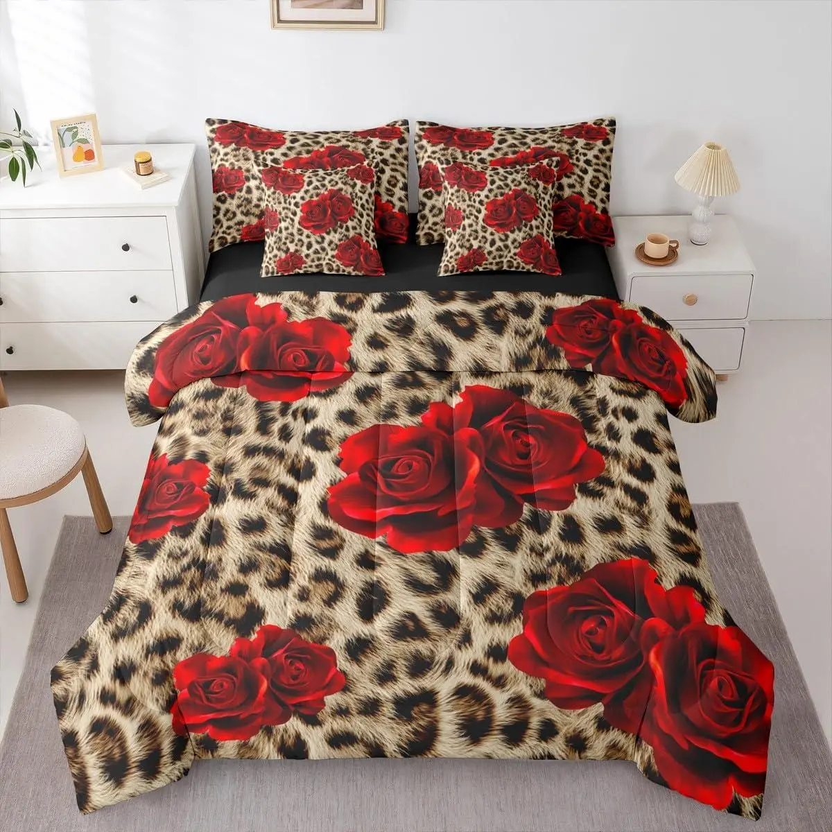 Feelyou 7-Piece Microfiber Bed Comforter Set - Leopard Print Comforter, Red Rose Accents, Brown Cheetah Sheets, Pillowcases, Decorative Wildlife Animal Bedding Set for Room Decor, Decorative Bedding Set