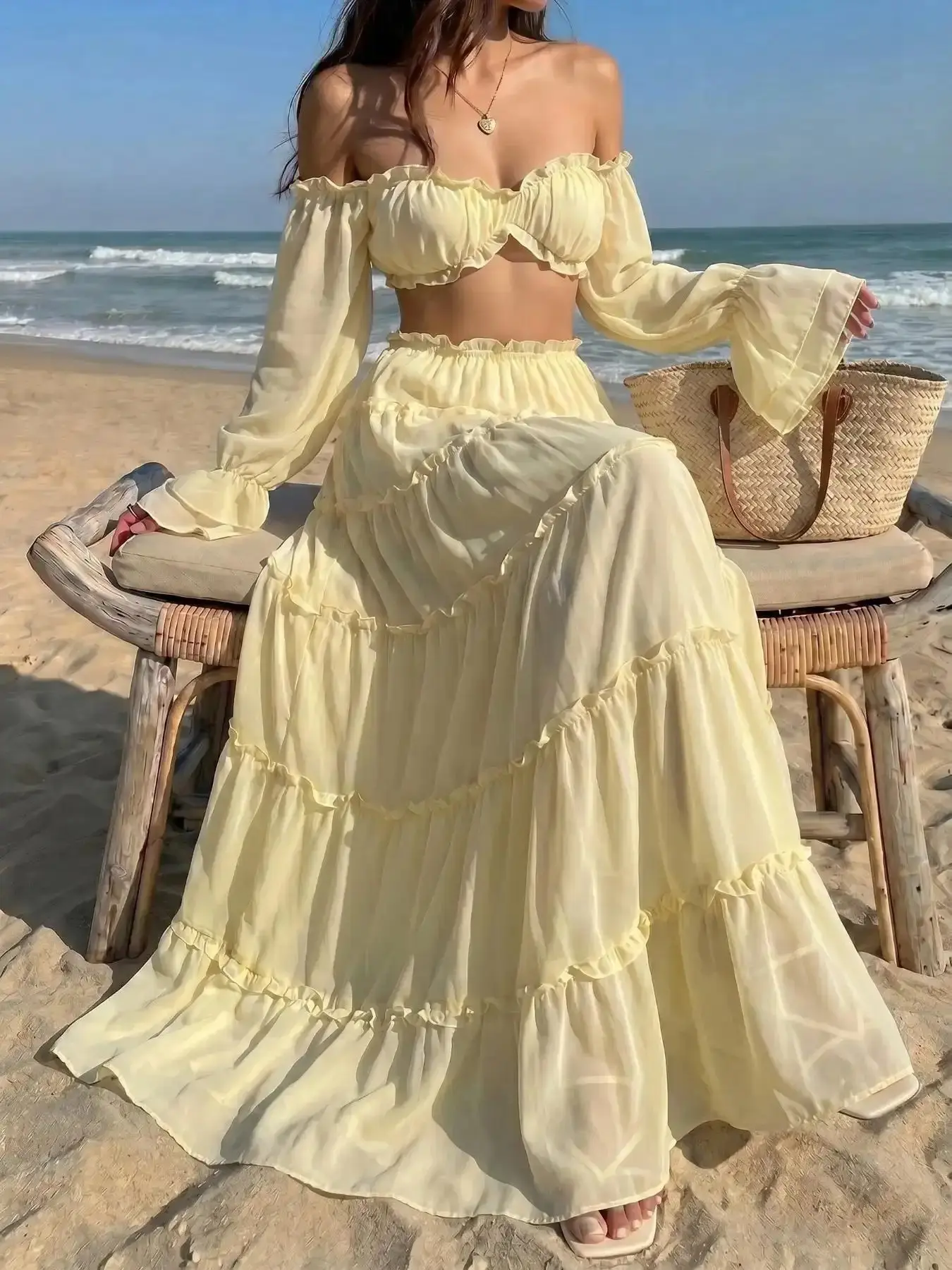 Modern One-Shoulder Ruffle Long Sleeve Layered Cake Dress Two-Piece Set, Feminine, Beach Vacation Style, Lightweight Chiffon Top and Skirt Cream Yellow Off Shoulder Tiered Maxi - Photoshoot Outfit Set, elegant silhouette