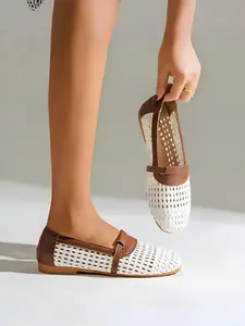 Women's Hollow Out Braided Flat Shoes, Breathable Synthetic Leather Loafers, Summer Casual Slip-On Flats, Comfortable and Stylish Footwear