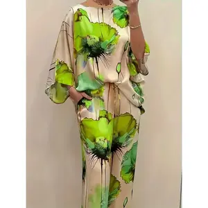 Women's Elegant Floral Print Satin Two-Piece Set: Round Neck Top and Wide Leg Pants
