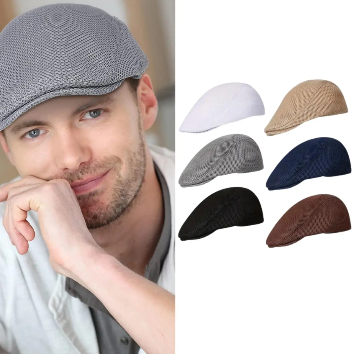 Men's 6-Pcs Mesh Flat Caps - Ventilated Mesh Fabric Adjustable Outdoor Cap, Breathable Summer Newsboy Cabbie Hat, Ideal for Driving & Casual Wear