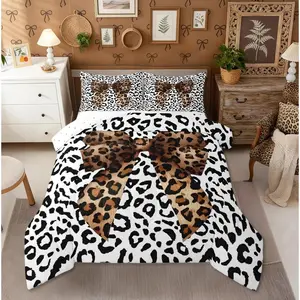Leopard Print Bow Bedding Set for Girls Women Black White Cheetah Bowknot Comforter Set,Teens Coquette Bows Comforter Kids Bow Tie Ribbon Wildlife Print Duvet Insert Brown