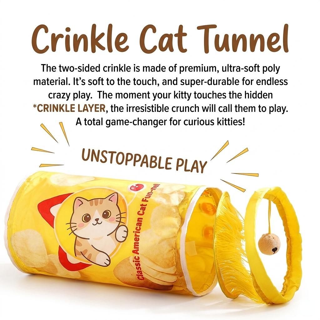 Double-Entry Crinkle Cat Tunnel – Expandable Hideout with Hanging Sound Toy & Tassel, Space-Saving, for Indoor Cats (2 SKU: Chip Can / Coffee Bean Can)