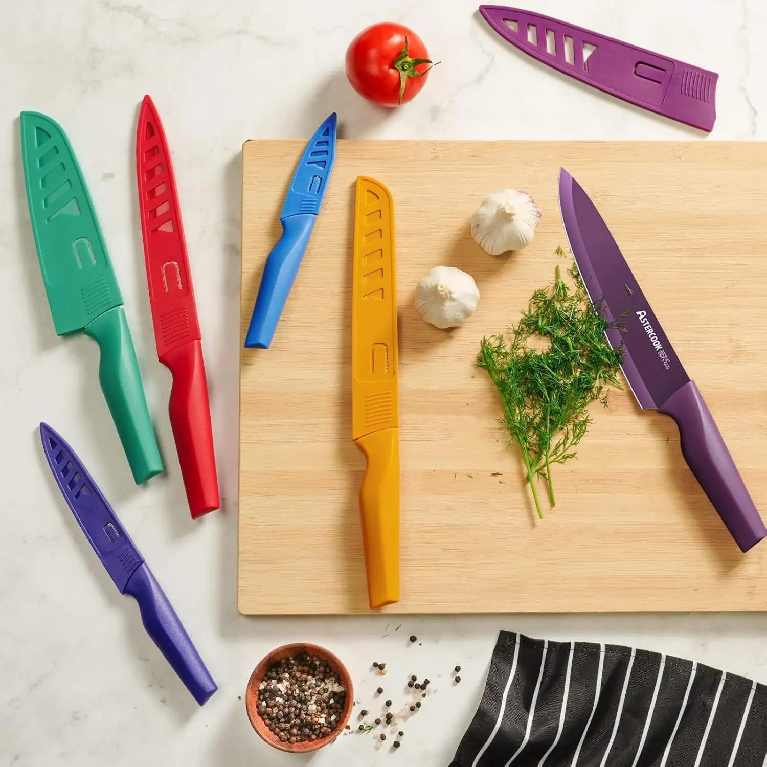 Astercook Knife Set, 12 Pcs Color-Coded Kitchen Knives Set, 6 Color Anti-Rust Coating Stainless Steel Chef Knife Sets with 6 Blade Guards Dishwasher Safe
