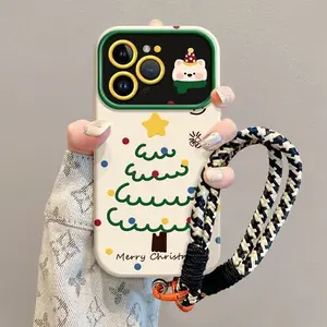 Dog Christmas Tree Design Phone Case for iPhone 17 Pro 16 15 14 13 with Big Window Matte Anti-Fall Soft TPU Back Cover & Wrist Strap Charming Design Perfect Gift