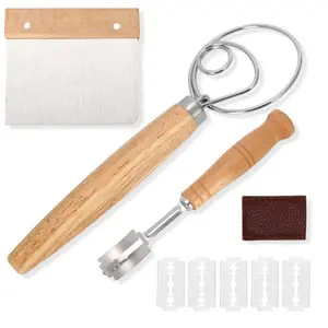 Bread Making Tools and Supplies - Set of 3 - Danish Dough Whisk, Bread Lame, Bench Scraper - Dough Hook with Bread Scraper, Lame Bread Tool, Blades - Great for Baking Sourdough, Pizza, Pastry