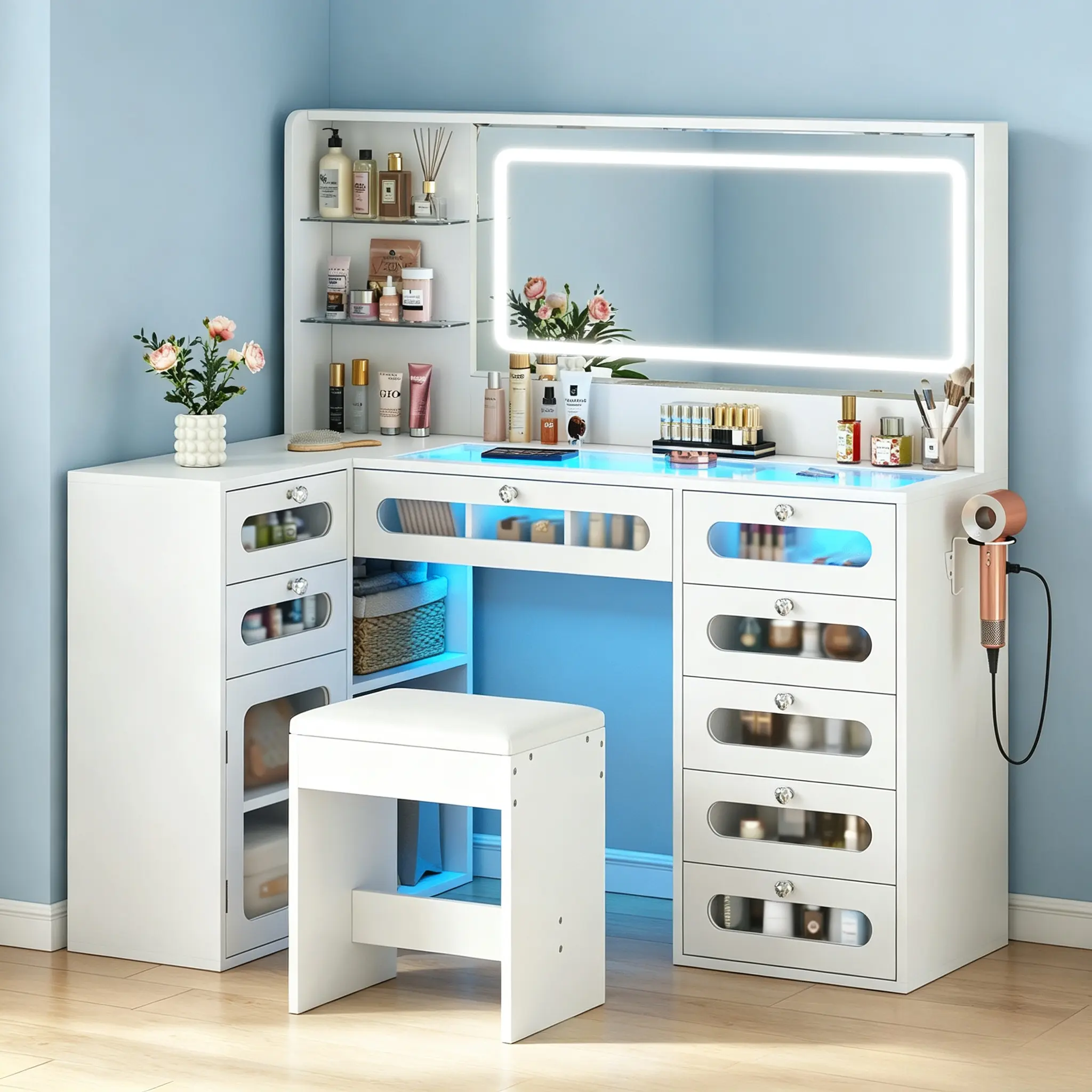 CollaredEagle Vanity Desk Set L Makeup Vanity with Mirror and Lights Large Dressing Table Tempered Glass Drawers Open Storage Shelves White Dorm Home Use