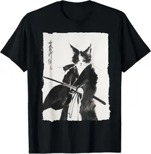 Samurai Cat Vintage Ukiyo-e Warrior Art Graphic Cat Art T-Shirt