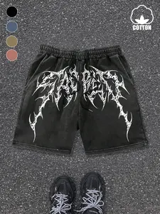 Men's Vintage Gothic Print Cotton Shorts, Elastic Waist Drawstring Casual Shorts, Gym/daily Wear/street Style